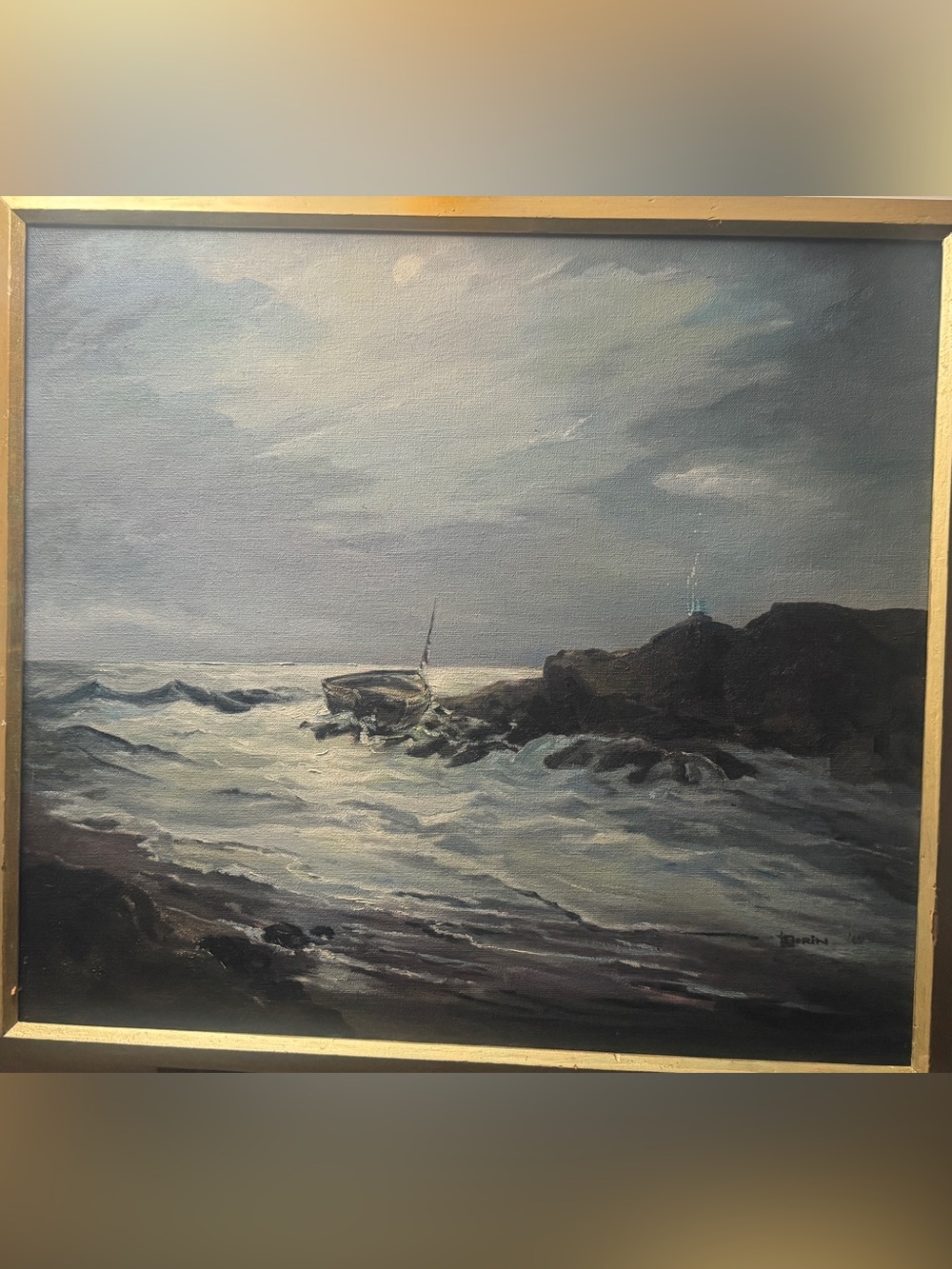 An original antique oil painting on canvas of a seascape